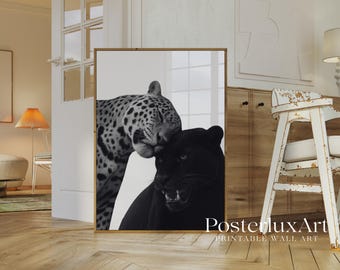 Stockholm Style Black Panther & Leopard Wall Art | Minimal Animal Print | Modern Black and White Wildlife Poster, image 3