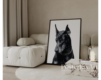 Black Doberman Wall Art Print – Modern Minimalist Dog Portrait, Luxury Doberman Artwork for Living Room, Office & Modern Wall Decor, image 1