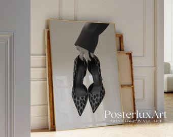 Black & White Leopard Heels Wall Art, Stockholm Modern Aesthetic Chic Dressing Print, Retro Shoe Poster, Fashion Elegant Leopard Print, image 4