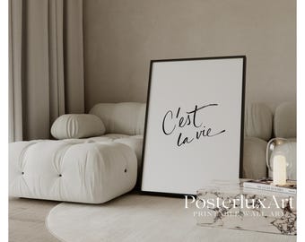 C’est La Vie Print, Minimalist French Quote Poster, Black and White Typography Art, Scandinavian Home Decor, Modern Printable Wall Art, image 1