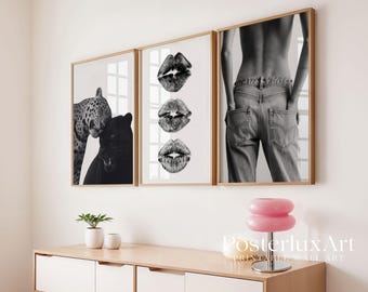 Chic Black and White Fashion Wall Art, Stockholm Modern Aesthetic Chic Apartment Decor, Stylish Y2K Wall Art, Kiss Lips & Leopard Print, image 3