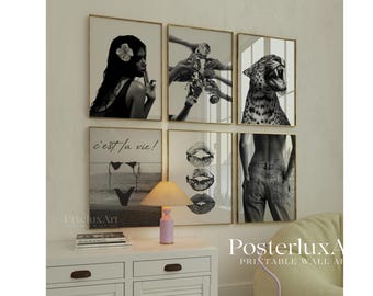 Stockholm Style Gallery Wall Set, Black and White Bundle Set of 6 – Fashion Wall Art, Leopard, Woman Portrait, Aesthetic Y2K Apartment Print, image 1