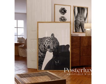 Chic Black and White Fashion Wall Art, Stockholm Modern Aesthetic Chic Apartment Decor, Stylish Y2K Wall Art, Kiss Lips & Leopard Print, image 4