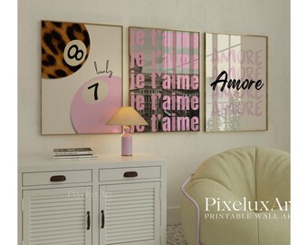 Preppy Leopard Wall Art Set, Pink Y2k Leopard Wall Art Set, Stylish And Cool Girly Aesthetic Art for Dorm Room, Leopard & 8 Ball Print, image 2