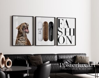 Leopard Fashion Wall Art Set, Stockholm Style Printable Poster, Modern Skateboard Art, Black White Trendy Home Decor, Minimal Gallery Wall, image 1