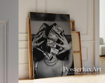 Money Hair Rollers Poster, Black & White Girl Money Art, Collage Apartment Print, Y2k Glam Fashion Print, Luxury Rich Woman Poster, image 3