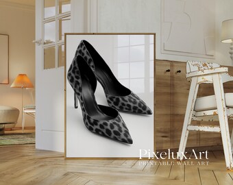 Black and White Leopard Heels Wall Art, Stockholm Modern Aesthetic Chic Apartment Decor, Retro Heels Poster, Fashion Elegant Leopard Print, image 3