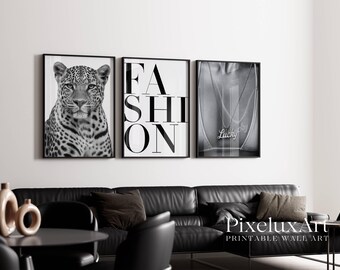 Black and White Leopard & Fashion Wall Art Set, Stockholm Modern Aesthetic Chic Apartment Decor, Stylish Y2K Wall Art, Fashion Leopard Print, image 1