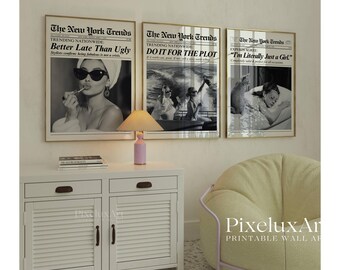 Set of 6 Trendy Newspaper Print – Girly Wall Art, Retro Dorm Room Decor, Black & White Newspaper Prints, Newspaper Wall Decor, Apartment Art, image 3
