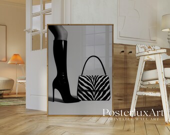 Black & White Luxury Heels Poster, High Heels Fashion Wall Art, Magazine Cover Zebra Wall Art, Stockholm Style Aesthetic Luxury Boots Print, image 3