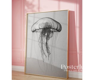 Jellyfish Wall Art Print, Minimal Ocean Animal Poster, Black and White Marine Life Decor, Modern Scandinavian Home Style, image 5