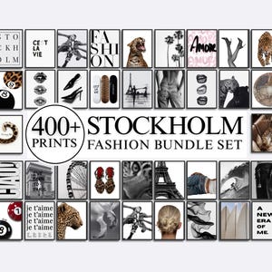 May include: A collection of over 400 wall art prints titled 400+ STOCKHOLM FASHION BUNDLE SET. The grid displays black and white and color images featuring leopard patterns, the Eiffel Tower, high heels, lips, text, and various fashion-themed motifs.