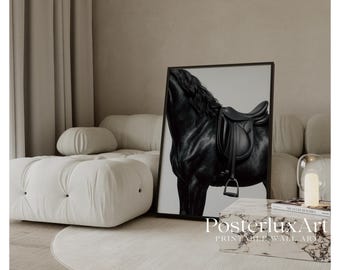 Black Horse Wall Art - Black & White Stockholm Style Elegant Horse Art Print, Stylish Vintage Equestrian Poster, Y2K Cowboy Aesthetic Art, image 1