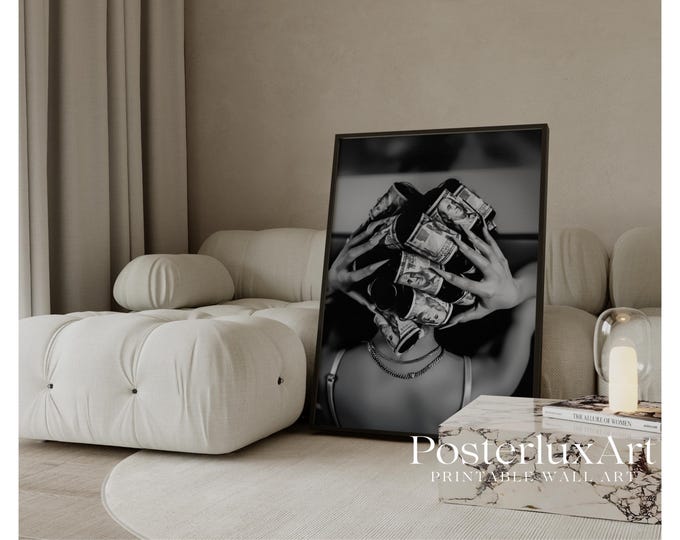 Money Hair Rollers Poster, Black & White Girl Money Art…