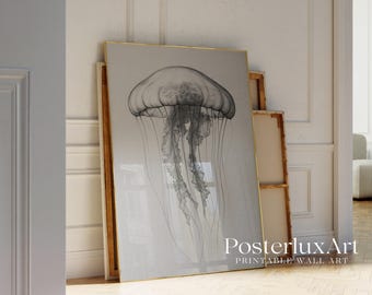 Jellyfish Wall Art Print, Minimal Ocean Animal Poster, Black and White Marine Life Decor, Modern Scandinavian Home Style, image 4