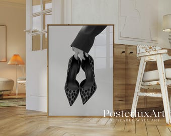 Black & White Leopard Heels Wall Art, Stockholm Modern Aesthetic Chic Dressing Print, Retro Shoe Poster, Fashion Elegant Leopard Print, image 3