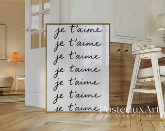 Je T’aime Wall Art Print | French Minimalist Typography Poster | Modern Black and White Aesthetic Decor | Scandinavian Printable Art, image 5