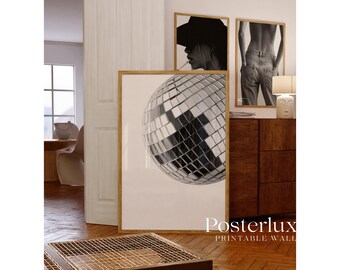 Black & White Disco Ball Wall Art Print, Stockholm Style Retro 70s Party Aesthetic Dance Room Print, Chic Apartment Stylish Y2K Wall Art, image 6