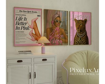 Preppy Leopard Wall Art Set, Pink Y2k Leopard Wall Art Set, Stylish And Cool Girly Aesthetic Art for Dorm Room, Leopard & 8 Ball Print, image 3