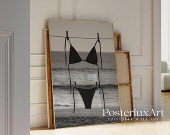 Black Bikini Poster, Black and White Beach Wall Art, Minimalist Summer Print, Coastal Photography Decor, Modern Printable Wall Art,, image 4