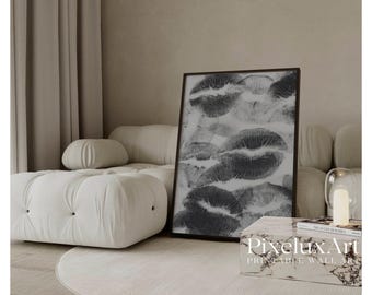 Kiss Lips Wall Art, Modern Kiss Lips Print, Black White Poster, Y2K Aesthetic Chic Fashion Print, Stockholm Style Art, Apartment Poster, image 1