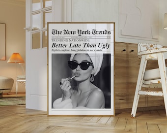 Trendy Newspaper Print, Better Late Than Ugly, Girly Wall Art, Retro Dorm Decor, Headline Print, Makeup Poster, Newspaper Wall Art, image 4