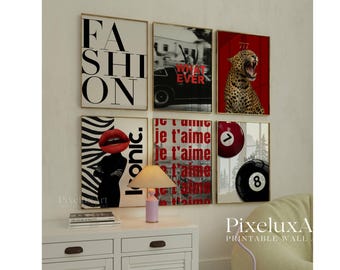 Red Black Leopard Wall Art Set, Y2k Gallery Wall Set, Stylish And Cool Girly Red Aesthetic Art for Dorm Room, Leopard & Collage Print, image 1