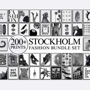 Op de afbeelding: Een verzameling zwart-wit wandkunstprints met diverse onderwerpen, waaronder modetypografie, luipaarden, stadsgezichten, hoge hakken en abstracte patronen. De centrale tekst luidt 200+ STOCKHOLM FASHION BUNDLE SET.