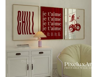 Set of 6 Red Girly Wall Art Set – Stylish Fashion Print Set, Lucky You, XOXO, Y2K Wall Art,  Aesthetic Chic Apartment Decor, Funky Wall Art, image 3