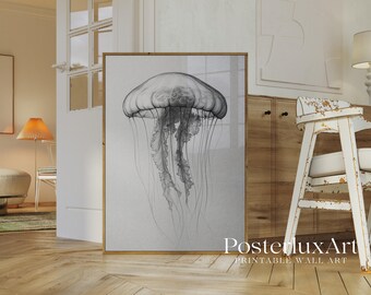 Jellyfish Wall Art Print, Minimal Ocean Animal Poster, Black and White Marine Life Decor, Modern Scandinavian Home Style, image 3
