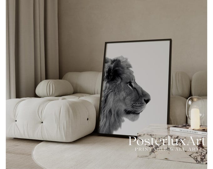 Lion Wall Art Print, Black and White Lion Poster, Modern…