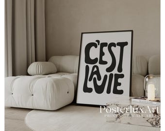 C’est La Vie Typography Poster, Minimalist Stylish French Quote Print, Black And White Y2k Fashion Print, Modern Scandinavian Wall Decor, image 1