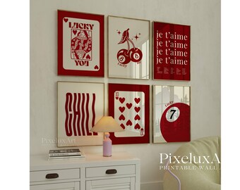 Set of 6 Red Girly Wall Art Set – Stylish Fashion Print Set, Lucky You, XOXO, Y2K Wall Art,  Aesthetic Chic Apartment Decor, Funky Wall Art, image 1