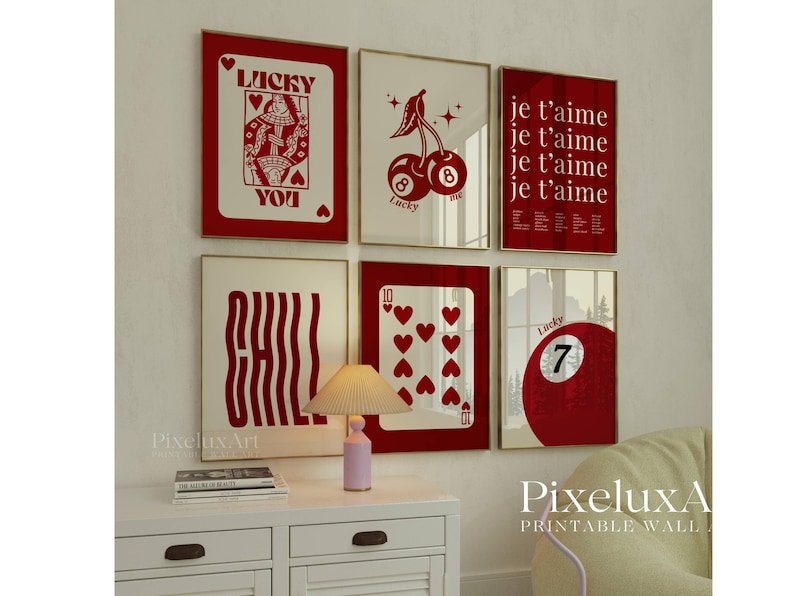 Set of 6 Red Girly Wall Art Set – Stylish Fashion Print Set, Lucky You, XOXO, Y2K Wall Art,  Aesthetic Chic Apartment Decor, Funky Wall Art