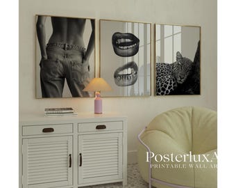 Leopard, Lips and Denim Wall Art Set | Chic Black White Fashion Posters | Stylish Modern Printable Wall Art, image 3
