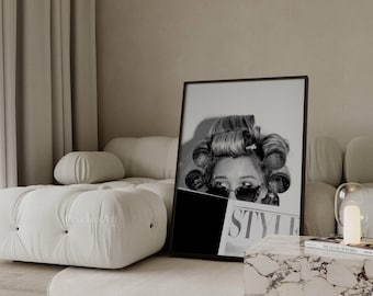 Black and White Fashion Print, Hair Rollers Poster, Style Magazine Wall Art, Vintage Glamour Print, Trendy Bedroom Decor, Vanity Art Print, image 1