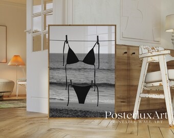 Black Bikini Poster, Black and White Beach Wall Art, Minimalist Summer Print, Coastal Photography Decor, Modern Printable Wall Art,, image 3