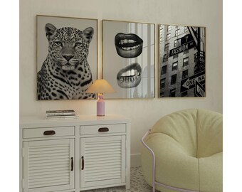 Black & White Leopard Fashion Wall Art, Stockholm Modern Aesthetic Chic Apartment Decor, Stylish Y2K Wall Art, Trendy Fashion Leopard Print, image 1