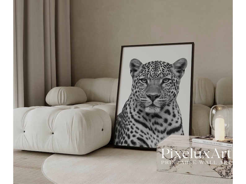 Black & White Leopard Wall Art Print, Modern Y2k Fashion Print, Jungle Wall Art, Modern Chic Aesthetic Decor, Stylish Leopard Portrait Art