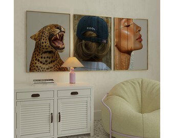 Stockholm Style Fashion & Leopard Wall Art Set – Y2K Aesthetic Cool Girl and Animal Prints, Chic Fashion Decor, Denim, Modern Beauty Print, image 1
