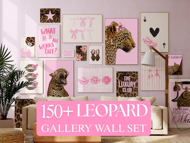 150+ Pink Y2K Gallery Leopard Wall Art Set | Coquette Cheetah Print Wall Set, Girly Preppy Dorm Room Decor, Trendy Aesthetic Poster Bundle