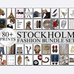 May include: A collection of 80+ prints in a Stockholm fashion bundle set, featuring various black and white photography, leopard patterns, text-based art, fashion imagery, and abstract designs arranged in a grid layout with a central title.