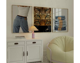 Set of 3 Fashion & Leopard Wall Art Set – Stockholm Style Y2K Aesthetic Cool Girl and Animal Print, Chic Fashion Decor, Stylish Denim Poster, image 1