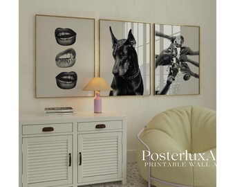 Stockholm Style Wall Art Set of 3 | Black & White Modern Prints | Doberman, Cheers Glasses and Lips | Minimal Fashion Home Decor, image 6