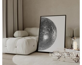 Black and White Disco Ball Wall Art Print, Stockholm Style Aesthetic Dance Room Print, Chic Apartment Decor, Stylish Y2K Wall Art, image 1