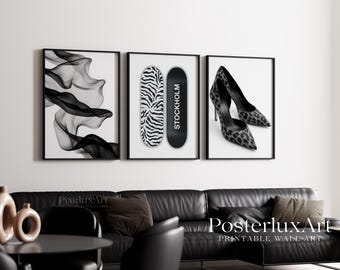 Stockholm Black and White Wall Art Set of 6 – Fashion Wall Art, Leopard, High Heels, Disco Ball Poster, Trendy Aesthetic Y2K Apartment Print, image 3