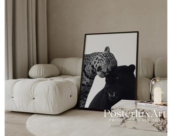 Stockholm Style Black Panther & Leopard Wall Art | Minimal Animal Print | Modern Black and White Wildlife Poster, image 1