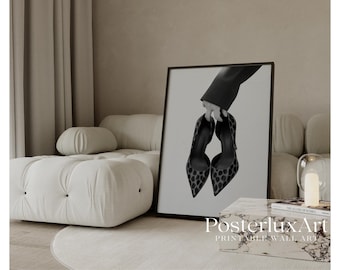 Black & White Leopard Heels Wall Art, Stockholm Modern Aesthetic Chic Dressing Print, Retro Shoe Poster, Fashion Elegant Leopard Print, image 1