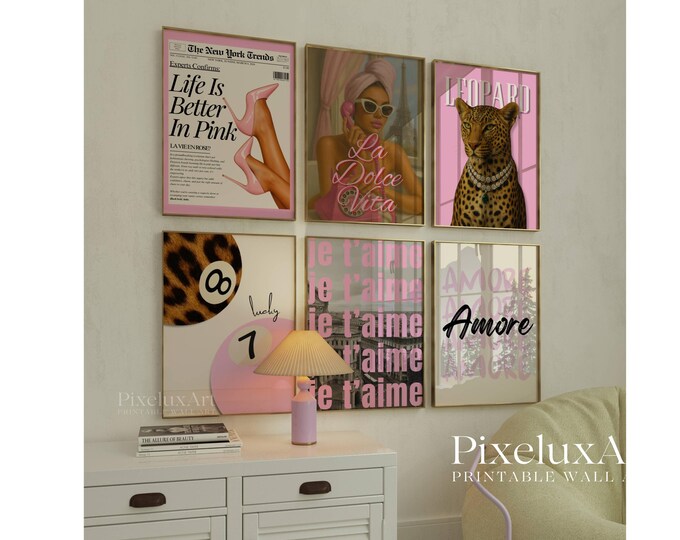 Preppy Leopard Wall Art Set, Pink Y2k Leopard Wall Art Set…