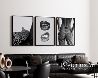 Leopard, Lips and Denim Wall Art Set | Chic Black White Fashion Posters | Stylish Modern Printable Wall Art, image 1